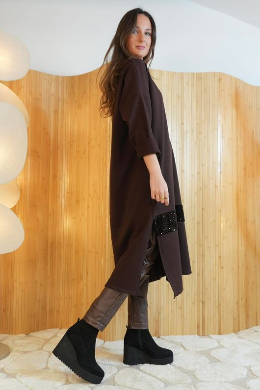 Oscar Immy Sequin Pocket Sweatshirt Dress Chocolate